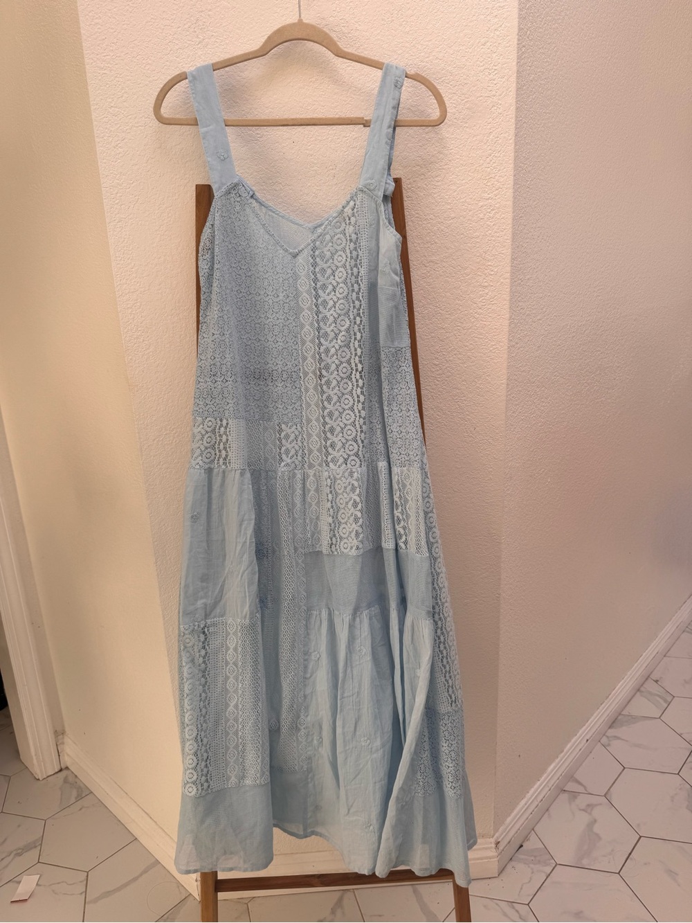 Anthropology Cotton Blue Lace-Detail Maxi Dress Sheer Romantic Cotton Blend